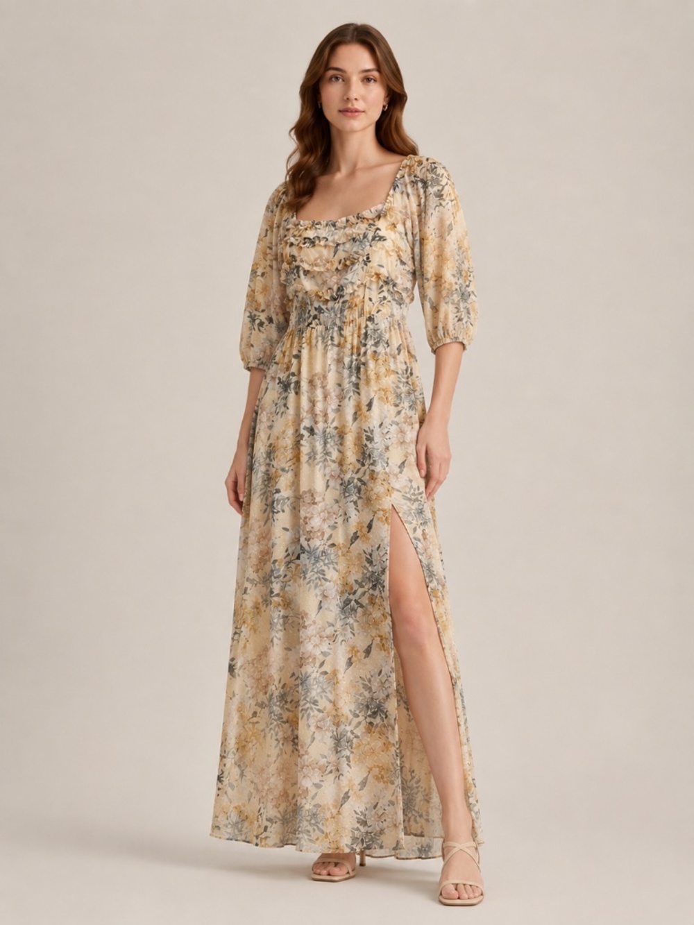 Baltic Born Floral Maxi Dress Cream Sleeves Empire Waist Front Slit Size L